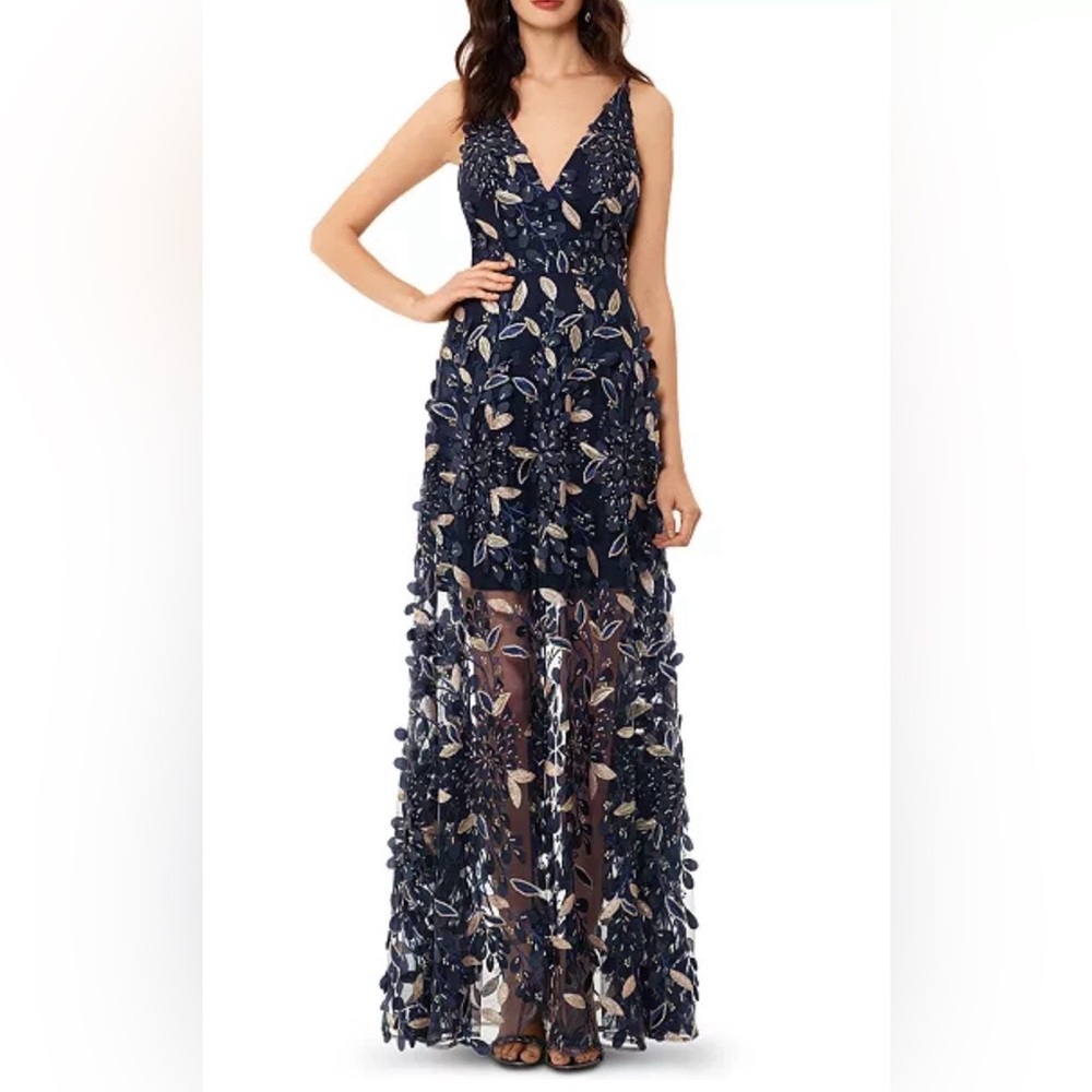 XSCAPE 3D Floral Appliqué Gown Embroidered Navy/Gold Size 10